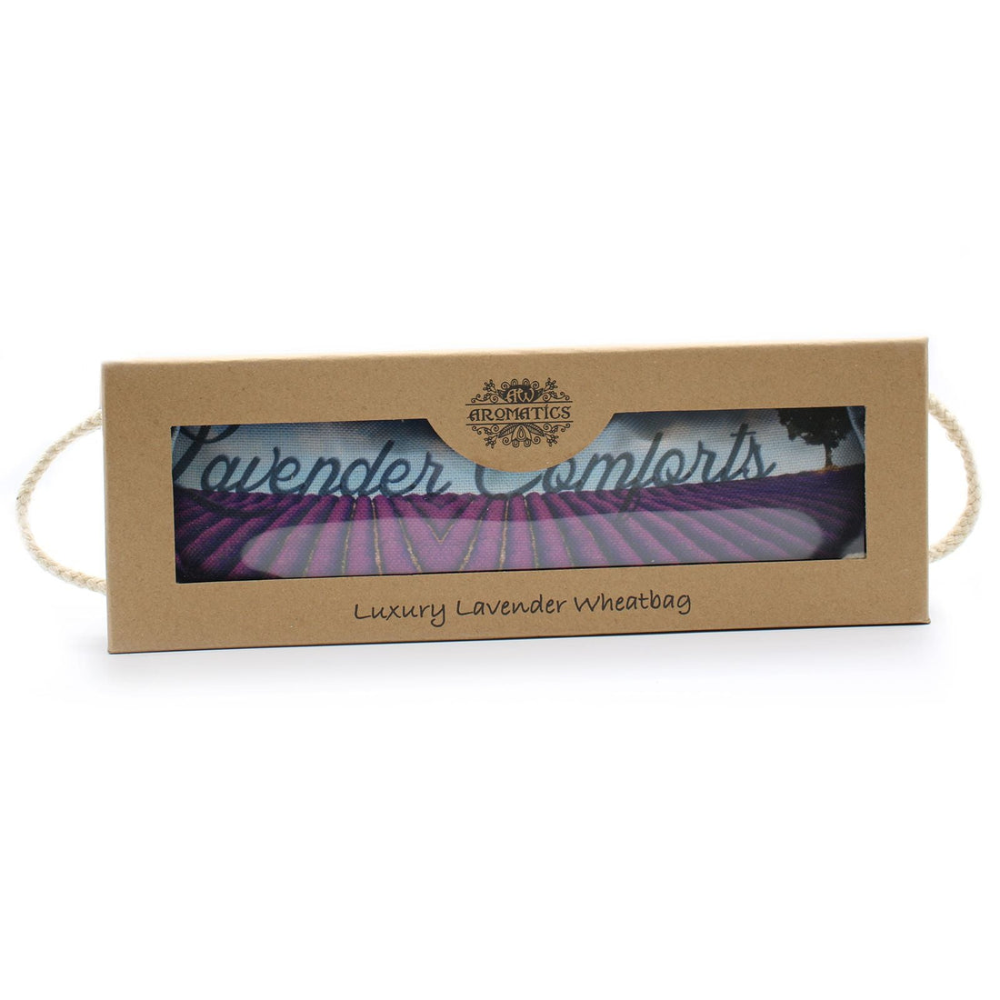 Lavender wheat bag in its kraft gift box with rope handles