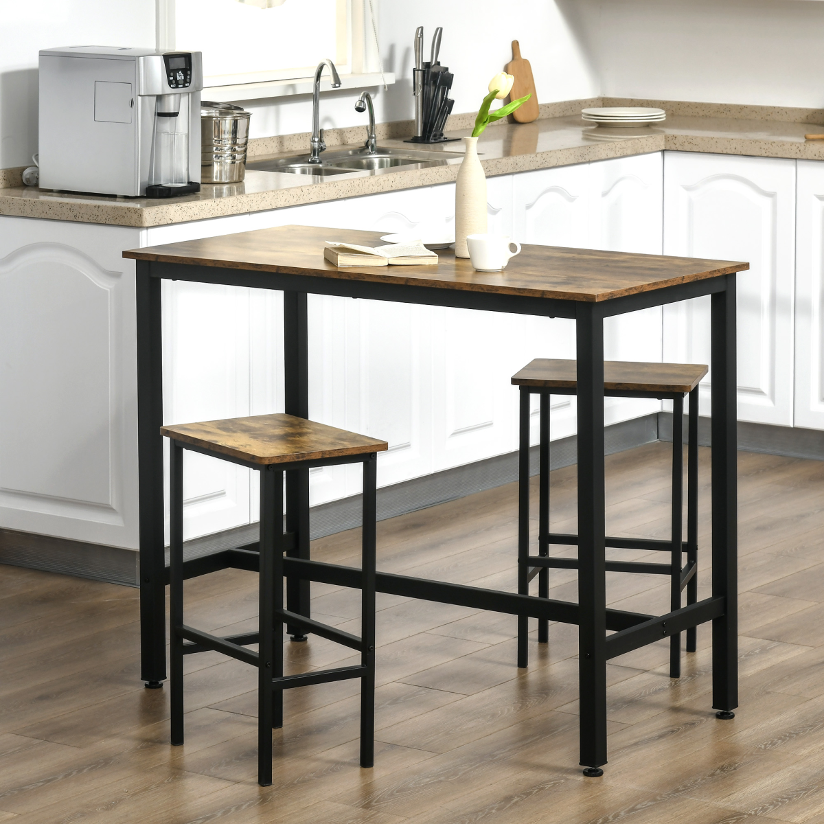 Industrial Bar Table Set, 2 Stools, 3PC Counter Height Rustic Brown