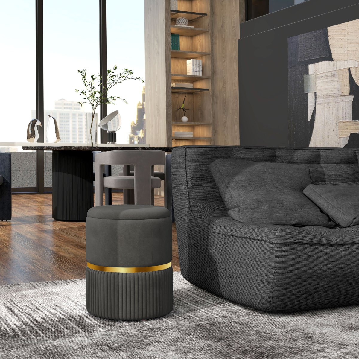 “Round storage pouffe with cushioned top — modern footstool”