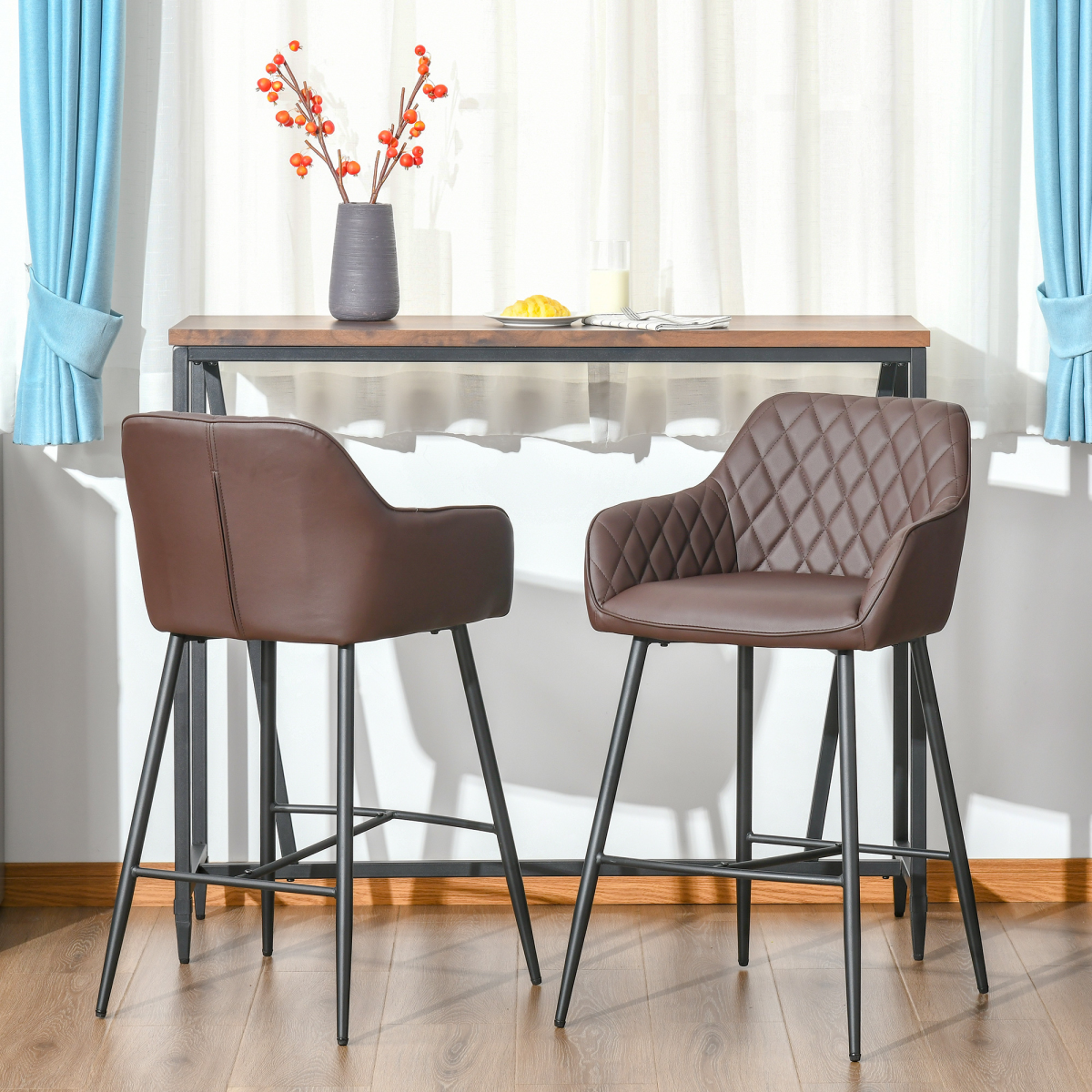 Set of two retro PU leather bar chairs with footrest.