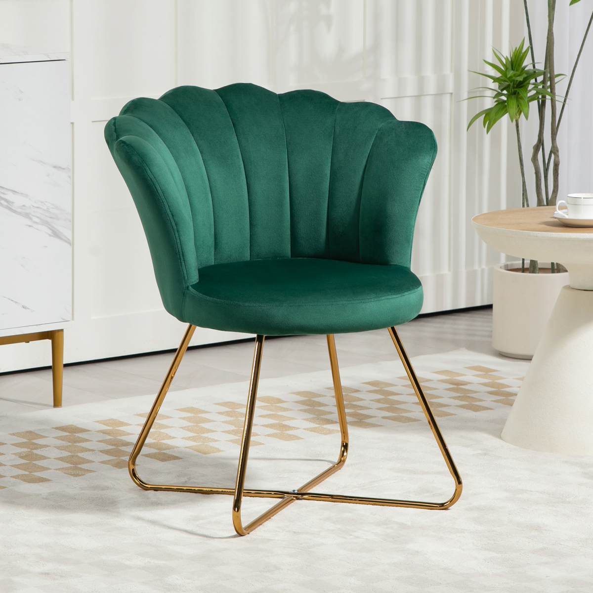 Green Velvet Scallop Accent Chair with Gold Legs