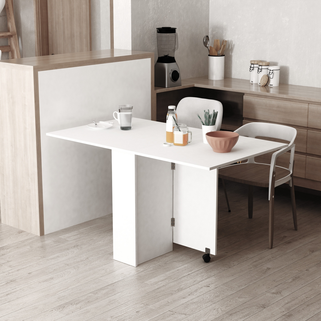 Mobile drop‑leaf kitchen table with shelves and wheels.