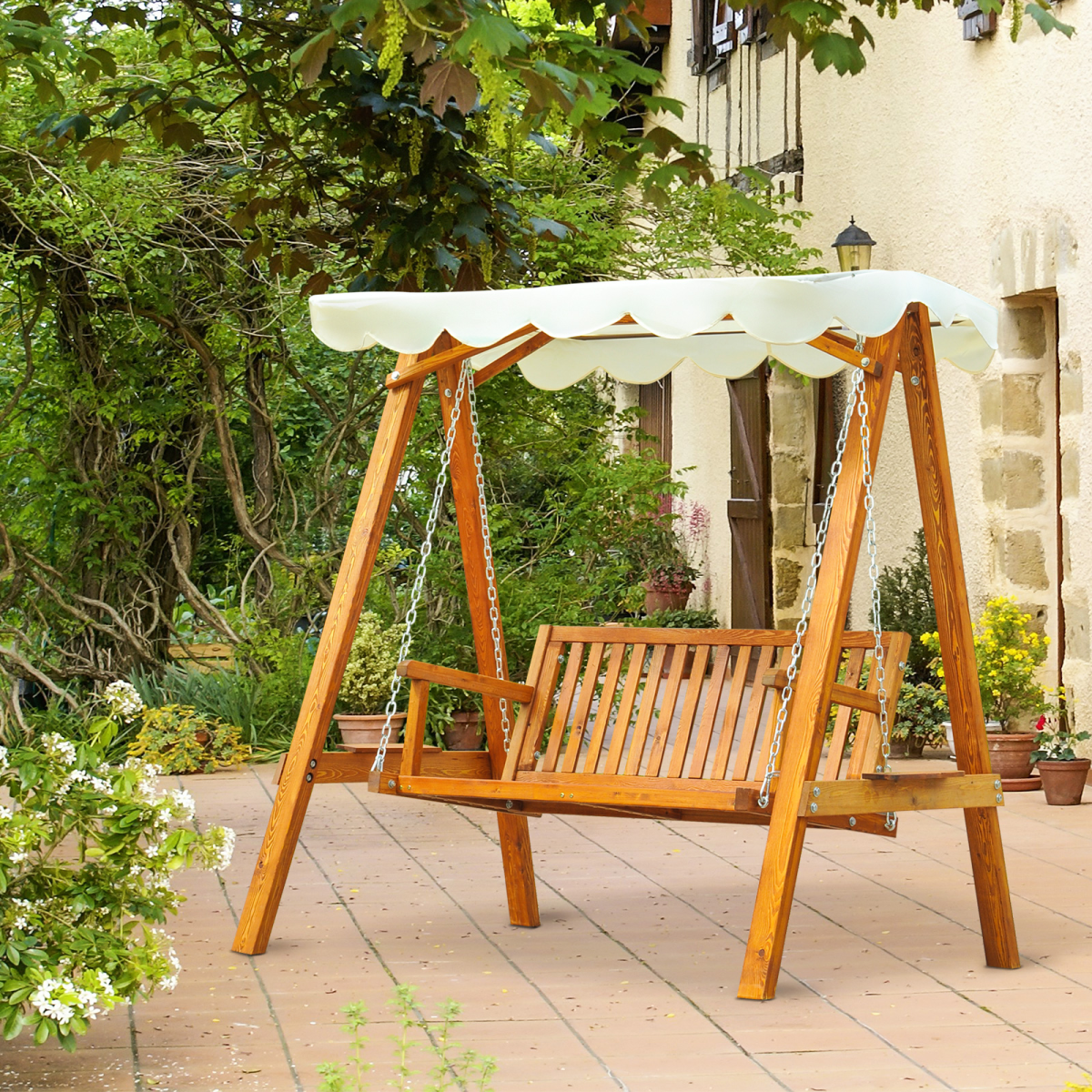 2-Seater Wood Garden Chair Swing Bench Lounger-Cream