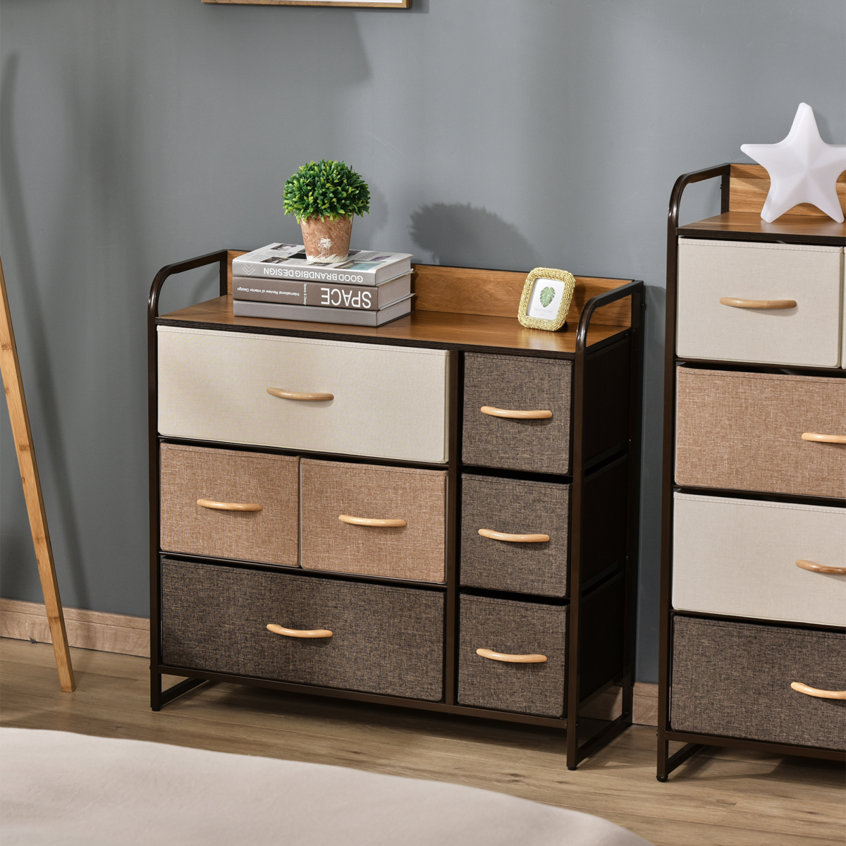 Seven‑drawer fabric dresser with metal frame.