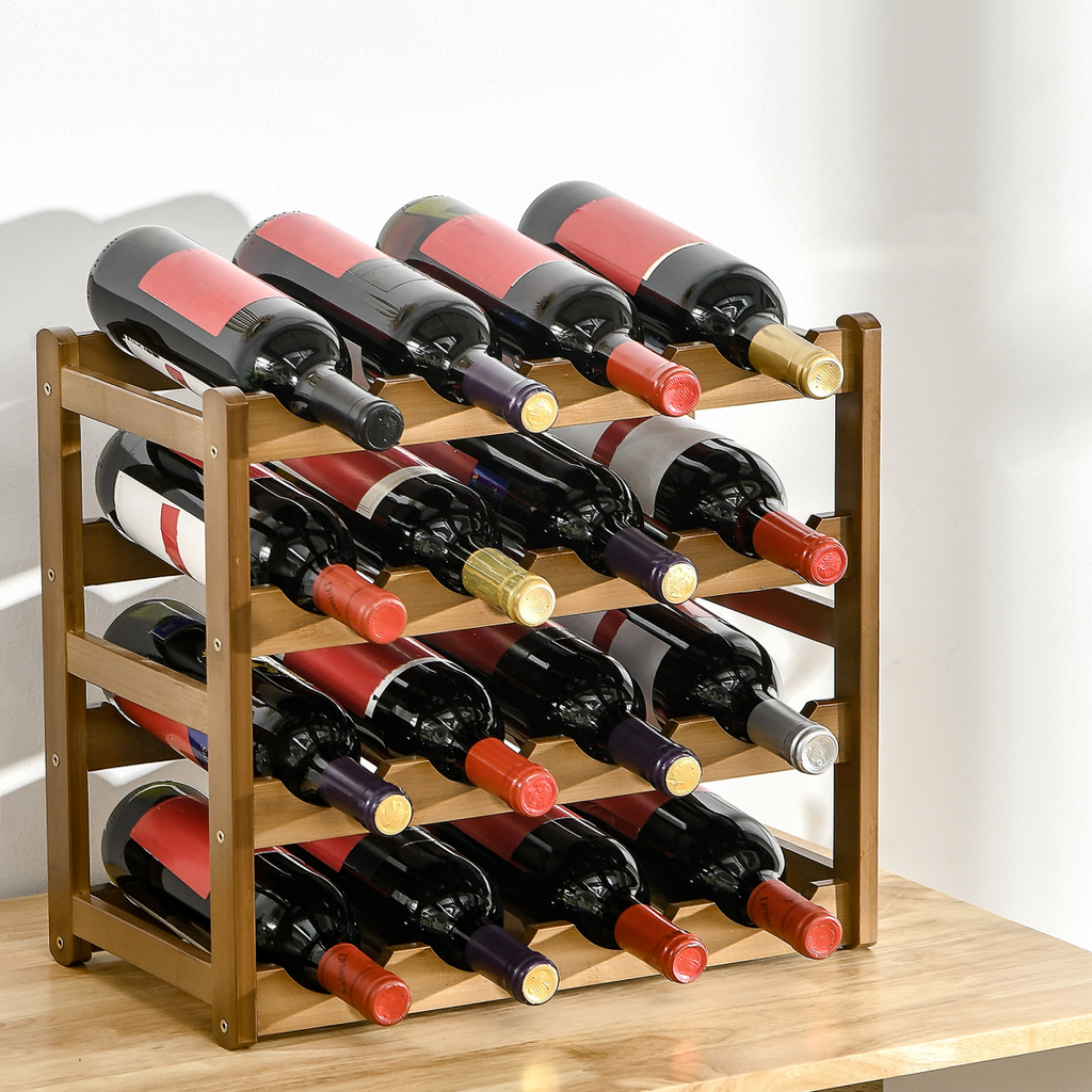 Bamboo 16‑bottle wine rack with four tiers.