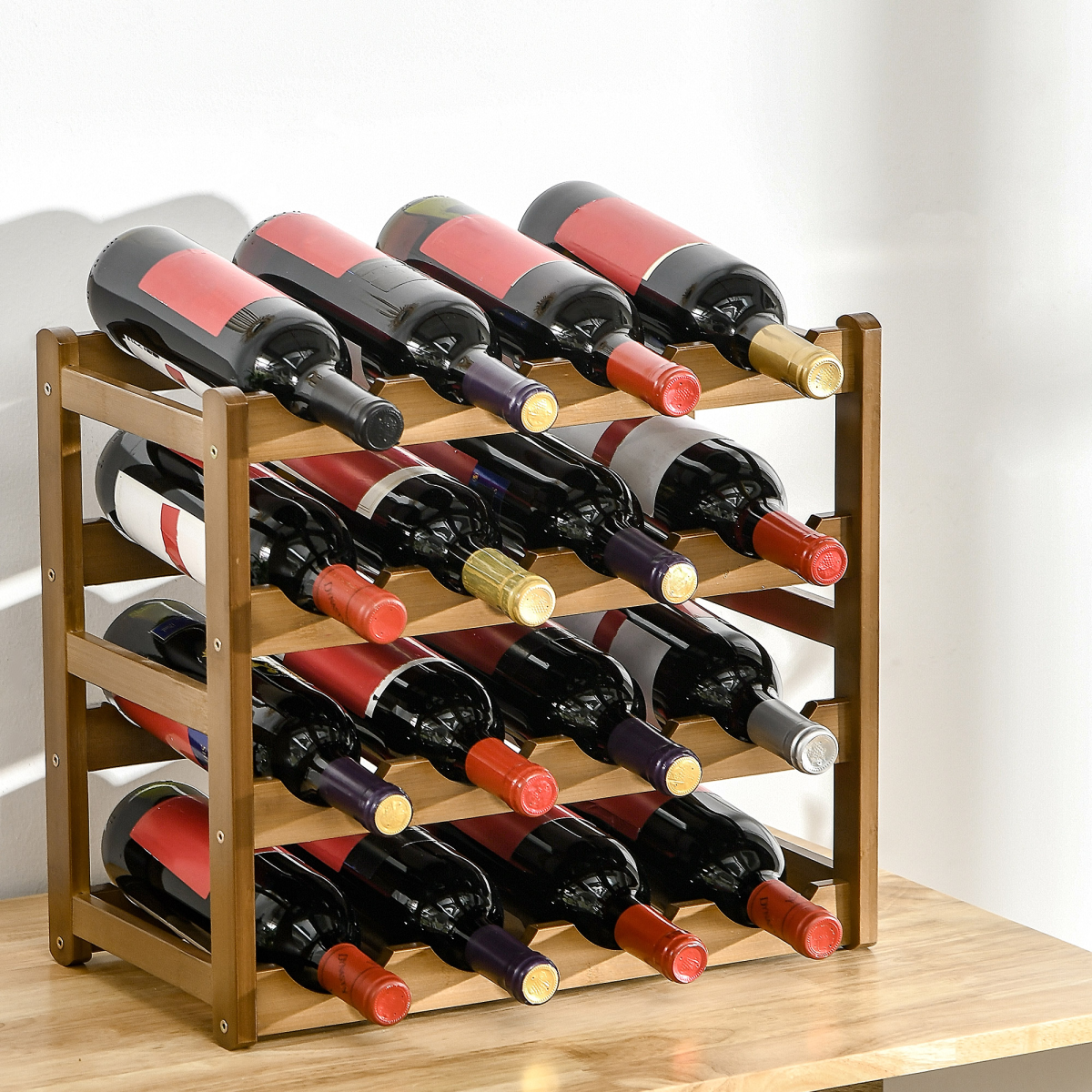 Bamboo 16‑bottle wine rack with four tiers.