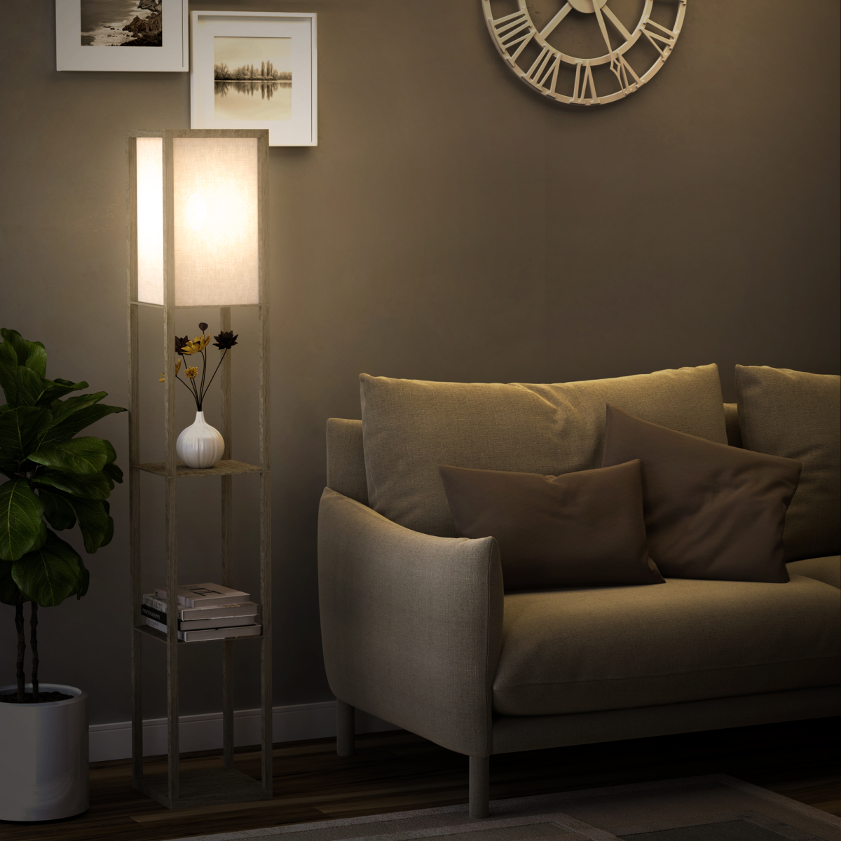 “4‑tier floor lamp with storage shelves — grey modern lighting design”