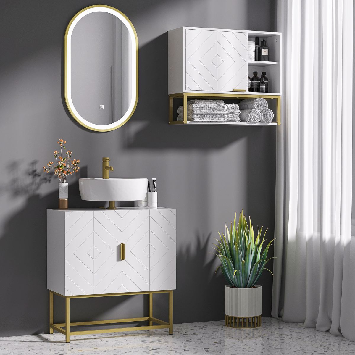 “White under‑sink bathroom cabinet with storage shelves”