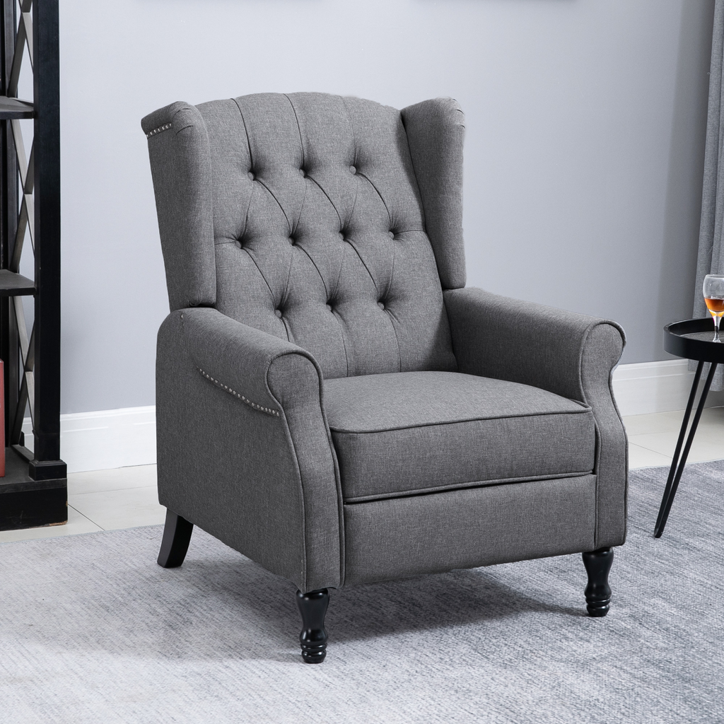 Light grey fabric recliner armchair with footrest.