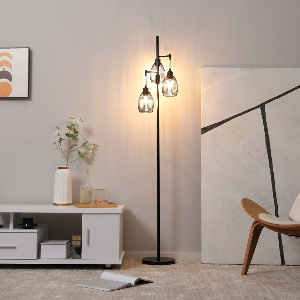 Industrial 3-Light Black Floor Lamp with Dimmer