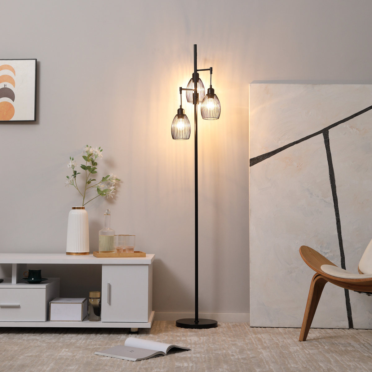 Industrial 3-Light Black Floor Lamp with Dimmer