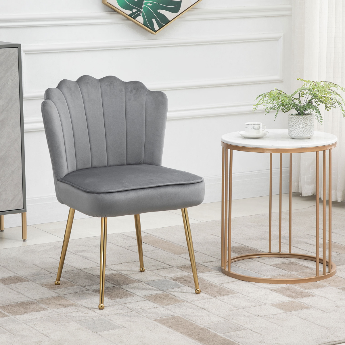 High Back Grey Velvet Shell Accent Chair with Gold Legs