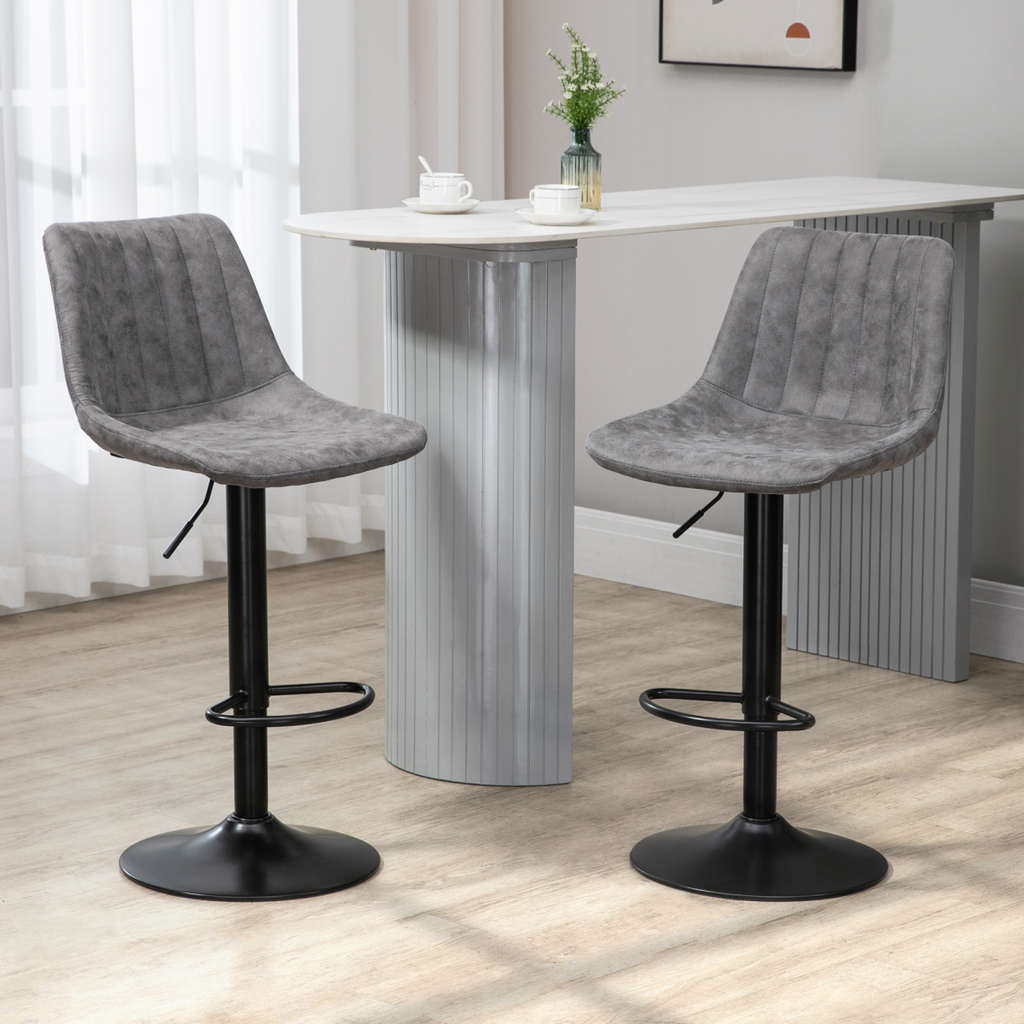 Set of two grey microfibre retro tub bar stools.