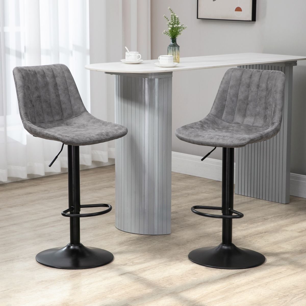 Set of two grey microfibre retro tub bar stools.