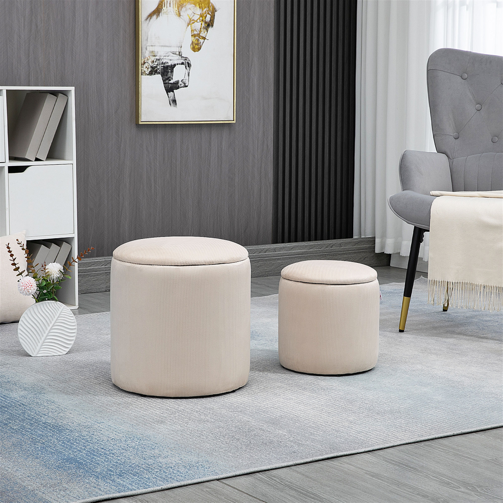 {
  "title": "Modern Fabric Storage Ottomans with Removable Lids, Set of 2, Cream White",
  "description": "Set of 2 modern fabric storage ottomans in cream white, each with a removable lid for easy access to stored items."
}