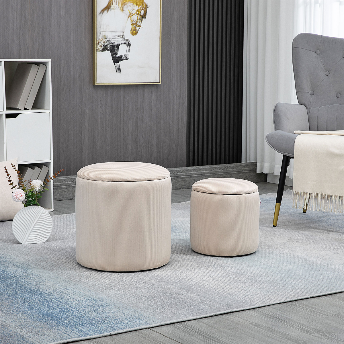 {
  "title": "Modern Fabric Storage Ottomans with Removable Lids, Set of 2, Cream White",
  "description": "Set of 2 modern fabric storage ottomans in cream white, each with a removable lid for easy access to stored items."
}