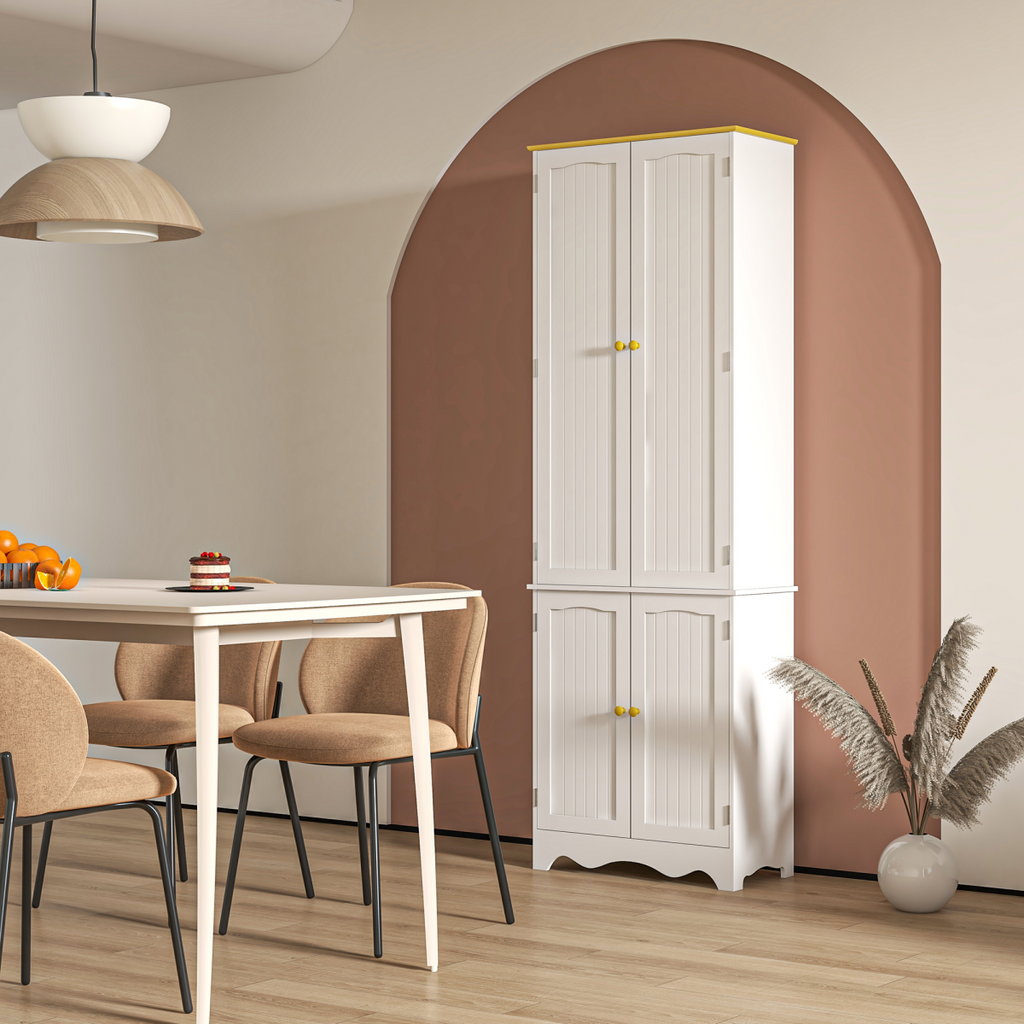 {
  "title": "Freestanding Kitchen Cupboard 4-Door Storage Cabinet, White, 4 Shelves",
  "description": "Freestanding kitchen cupboard with four doors and four shelves for storage. White finish."
}