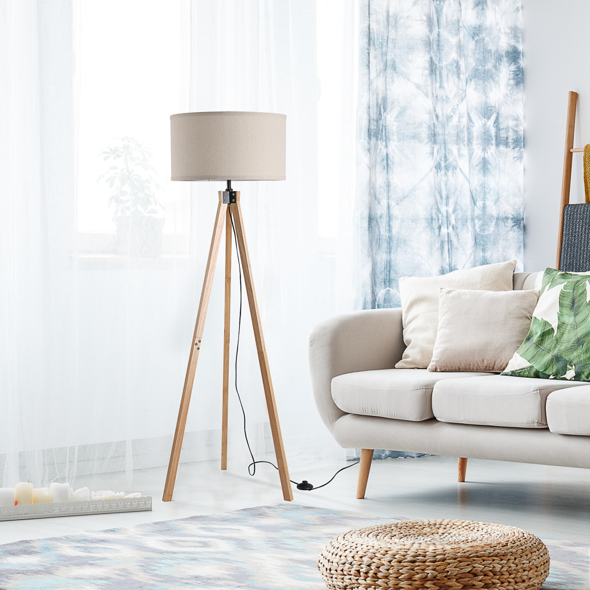 Beige Linen Floor Lamp with Wooden Tripod Base