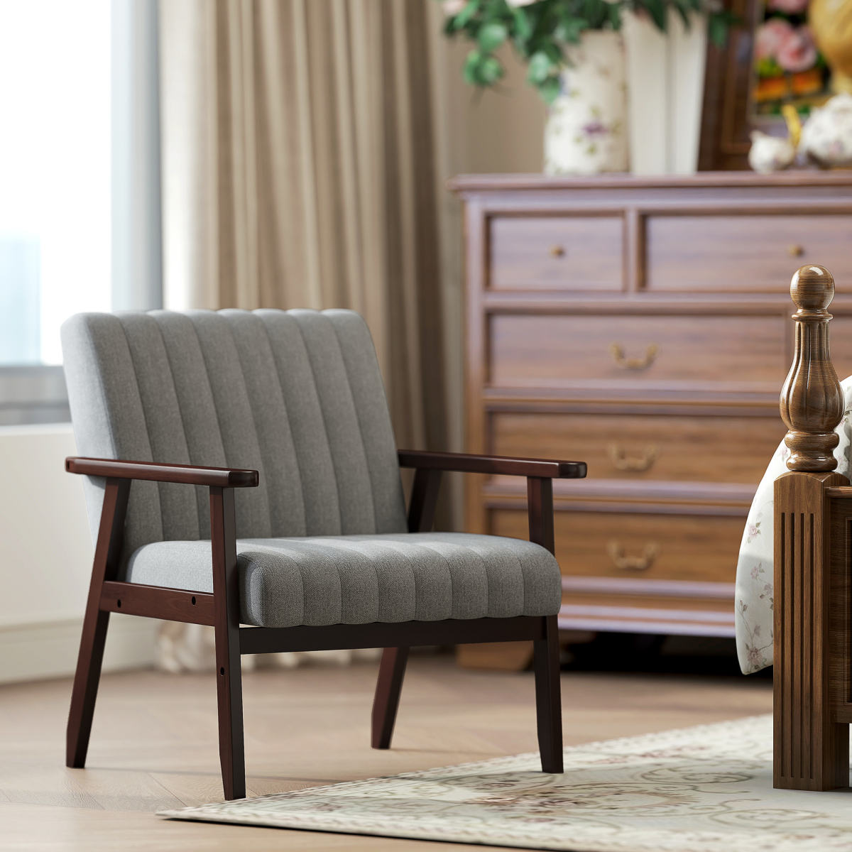 Channel Tufted Linen Accent Chair