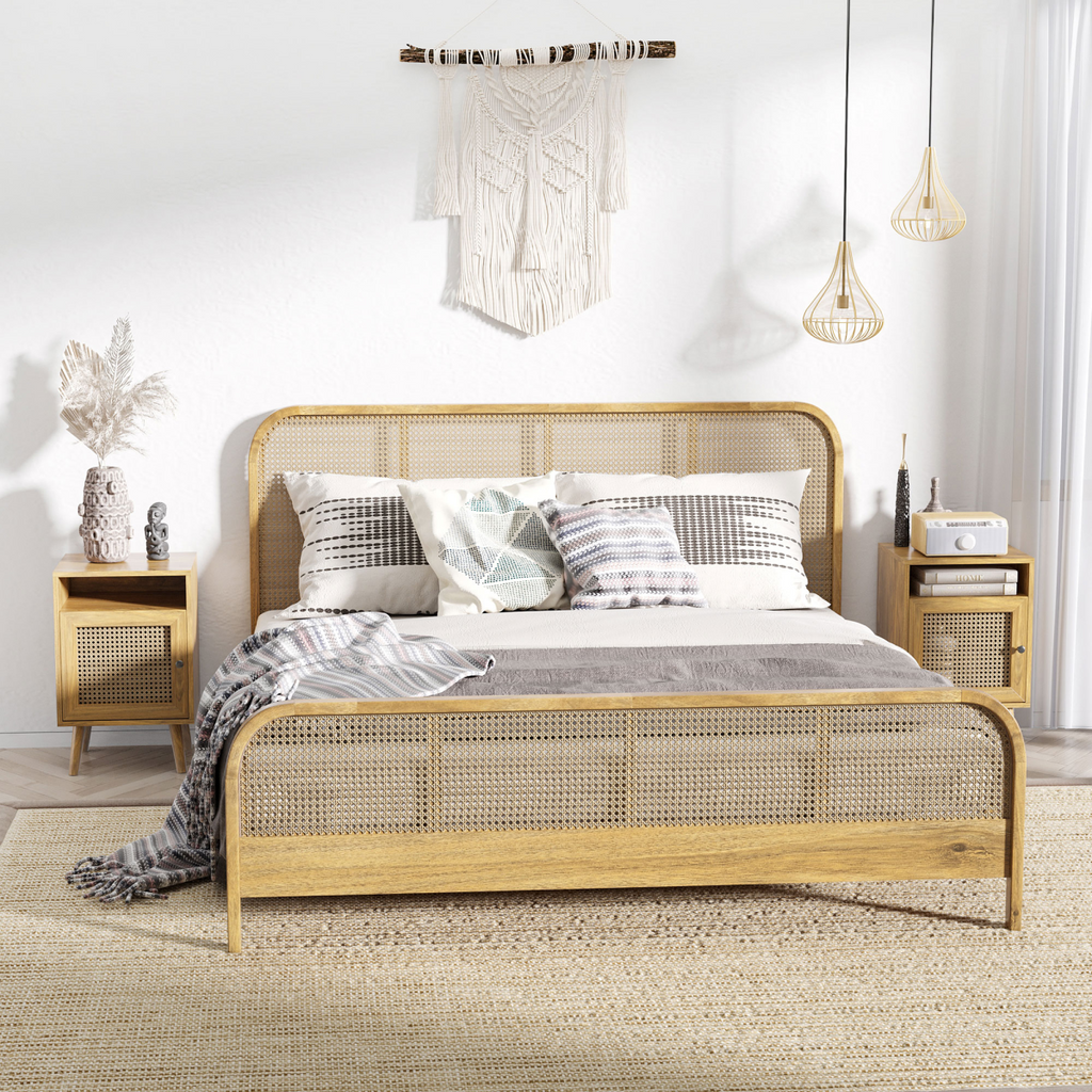 Rattan‑front bedside table with cabinet and shelf.