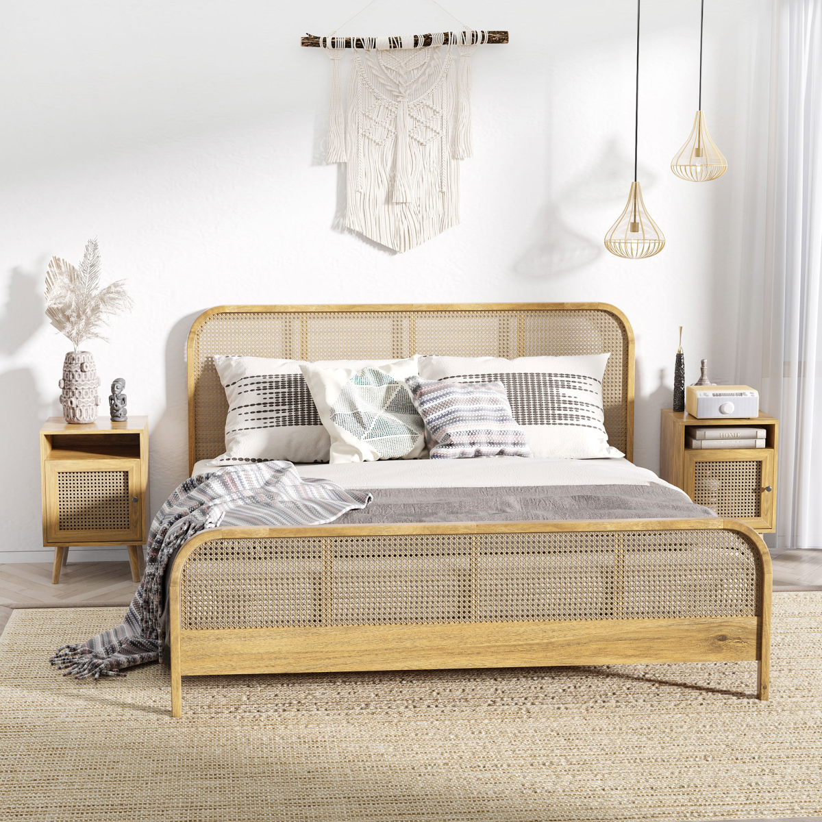 Rattan‑front bedside table with cabinet and shelf.