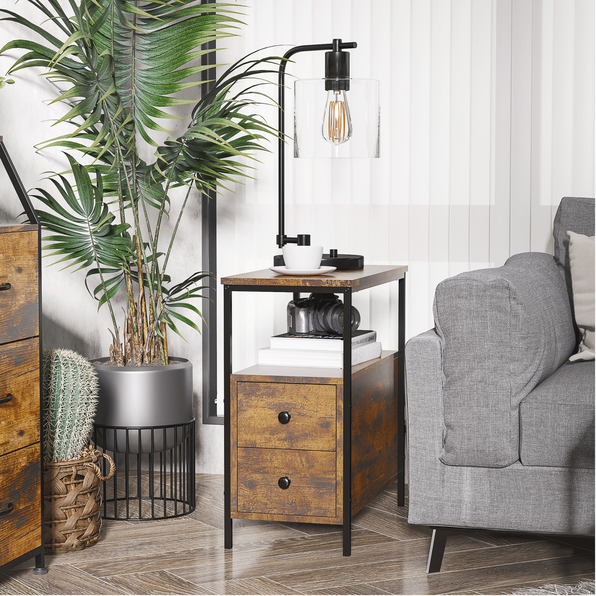 Slim brown side table with two drawers and lower shelf.