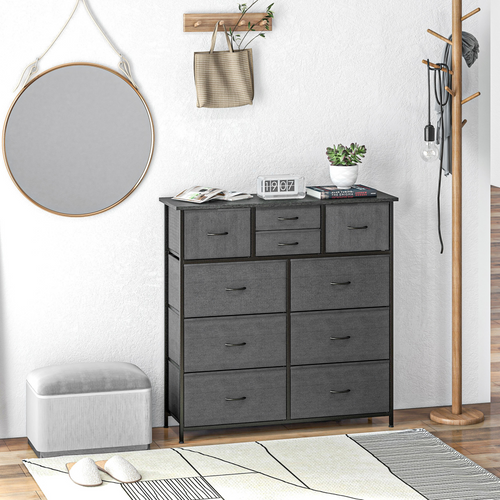 Black fabric chest of drawers with metal frame.
