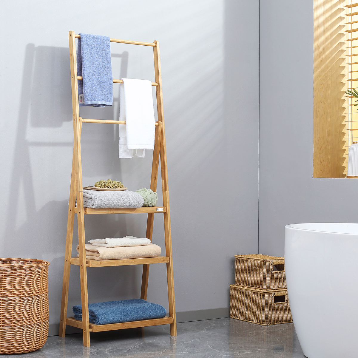 Freestanding Bamboo Towel Rack – 3 Bars & Shelves, Foldable