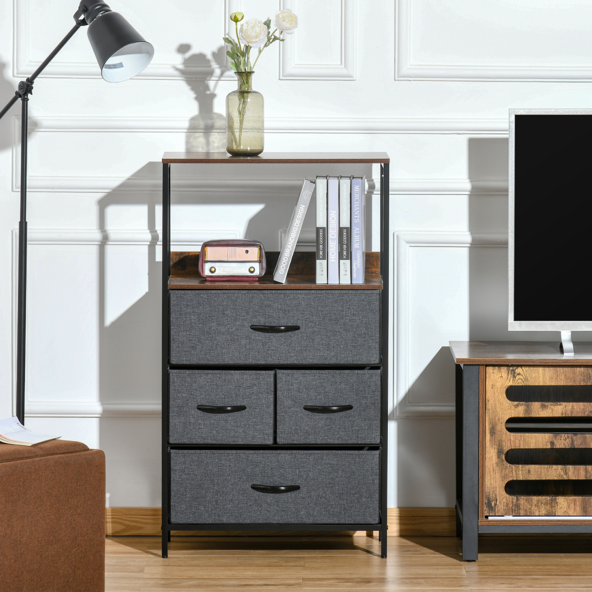 4‑drawer fabric storage chest with wooden top