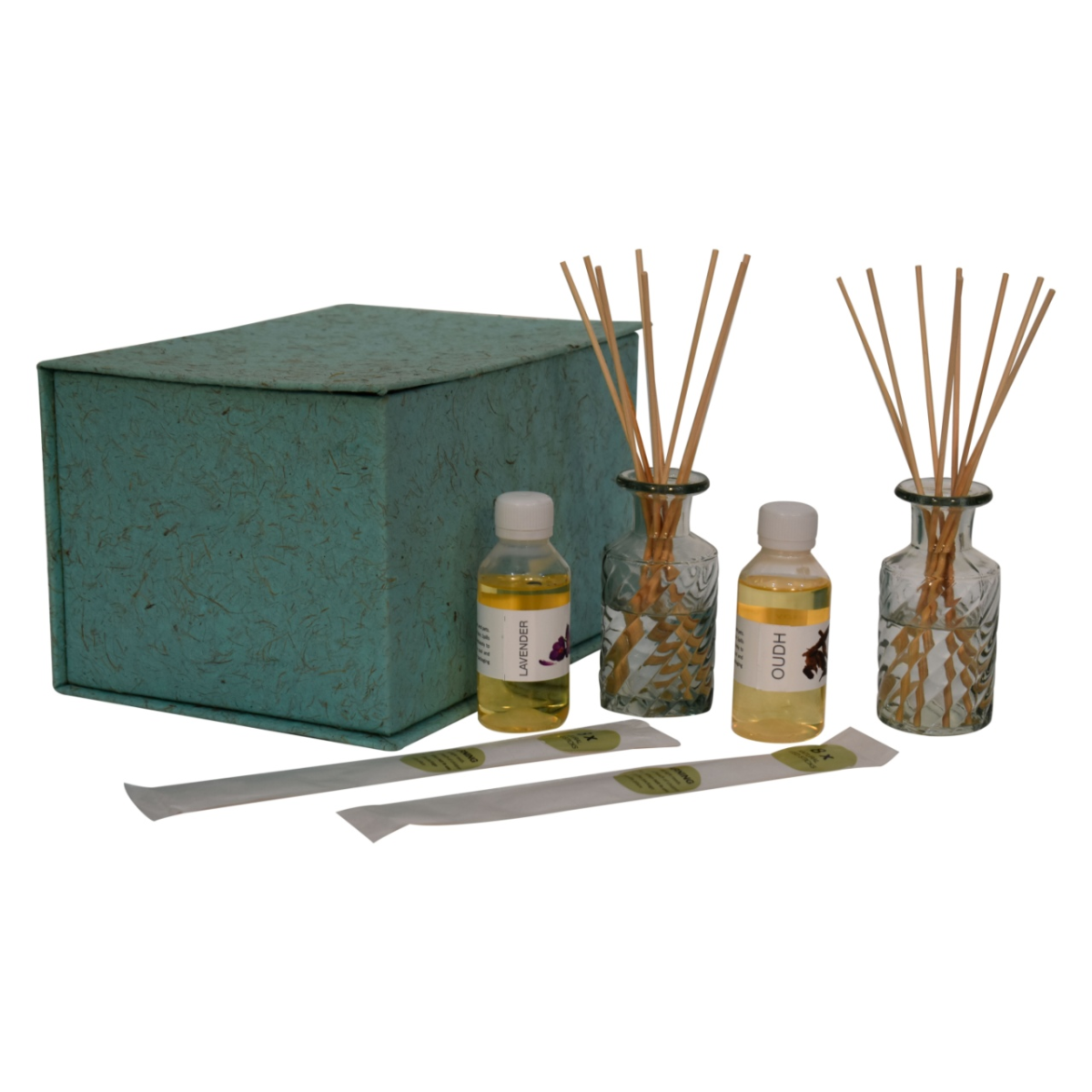 Lavender & Oud Reed Diffuser Set – Two Diamond-Cut Glass Bottles, Natural Oils