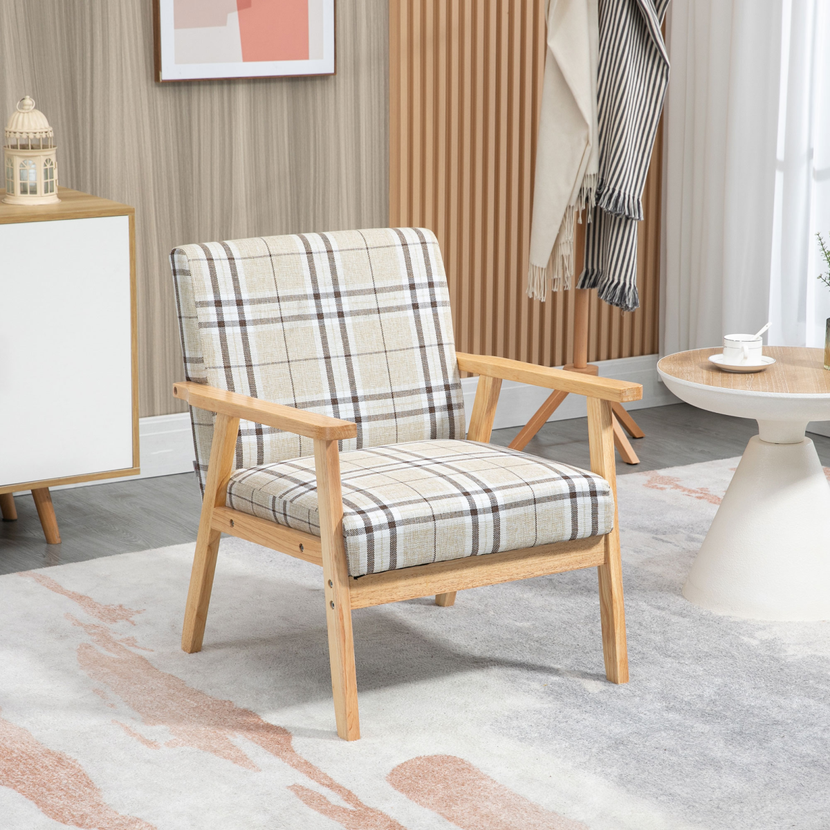 Beige linen‑feel modern accent chair.