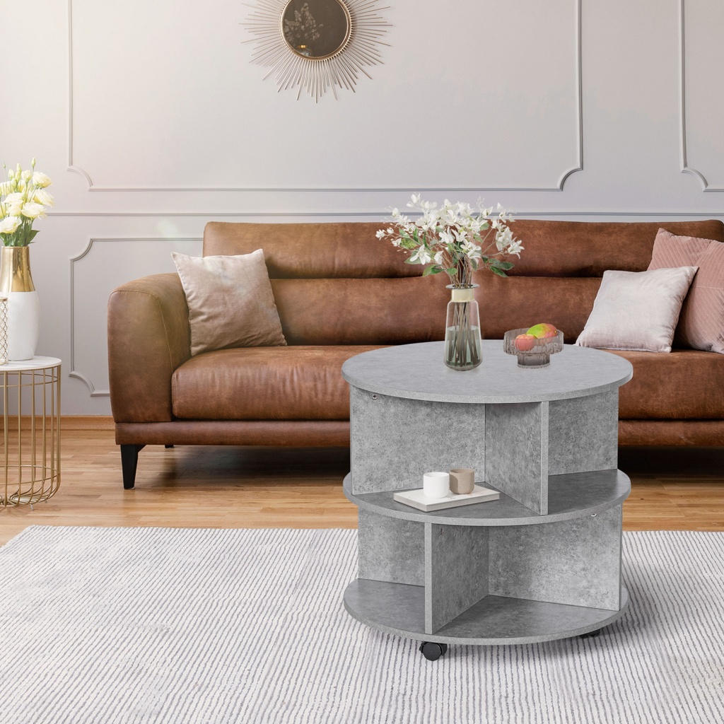 A modern 2‑tier round coffee table with a cement‑effect finish and practical open storage. Perfect for stylish, organised living rooms. Shop The Cosy Nest.