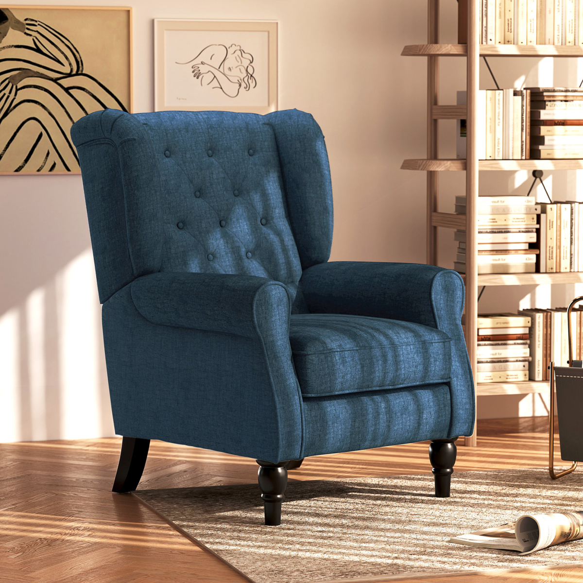 Retro Club Tufted Armchair in Blue Linen
