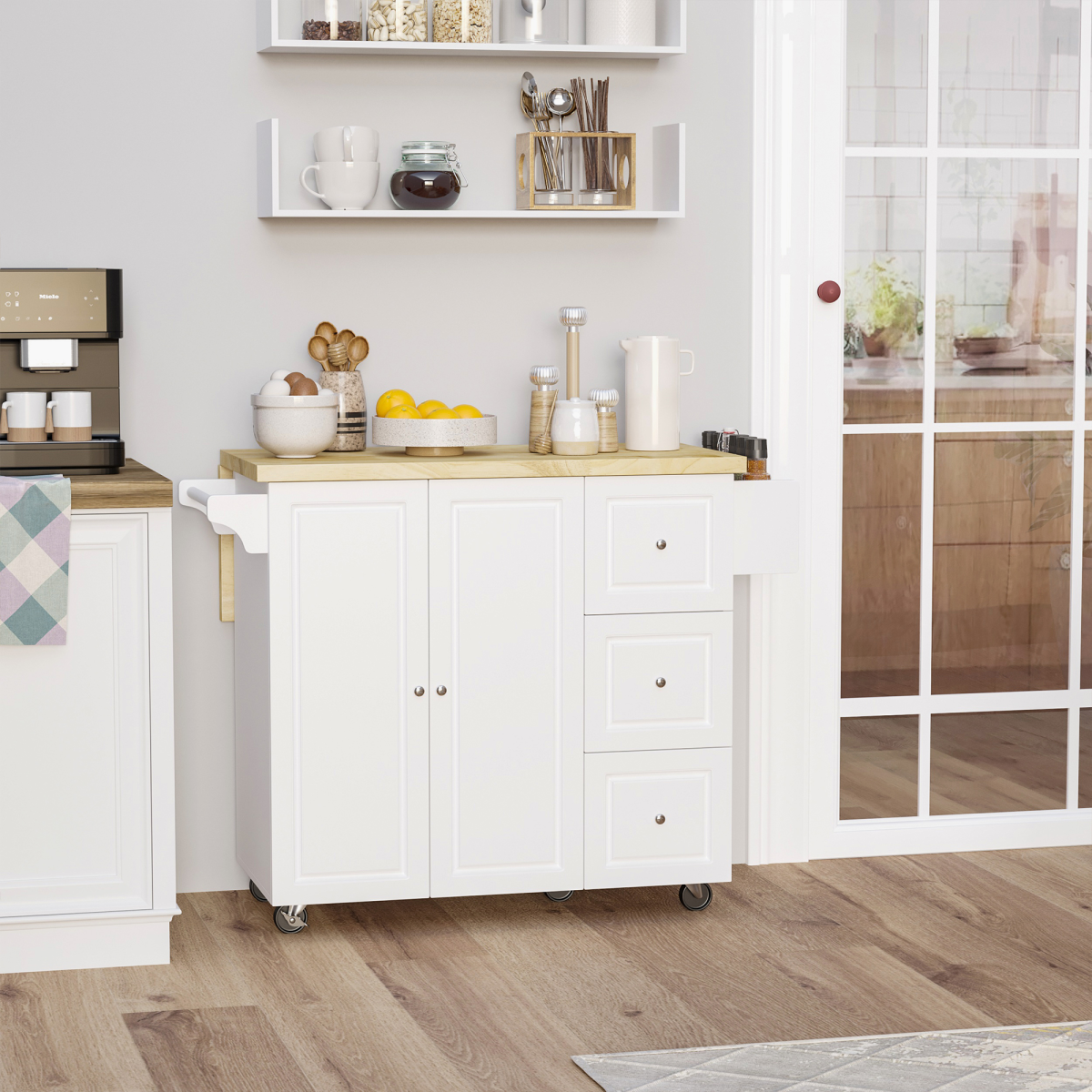 {
  "title": "Drop-Leaf Kitchen Island on Wheels Utility Storage Cart with Drawers & Cabinet",
  "description": ""
}