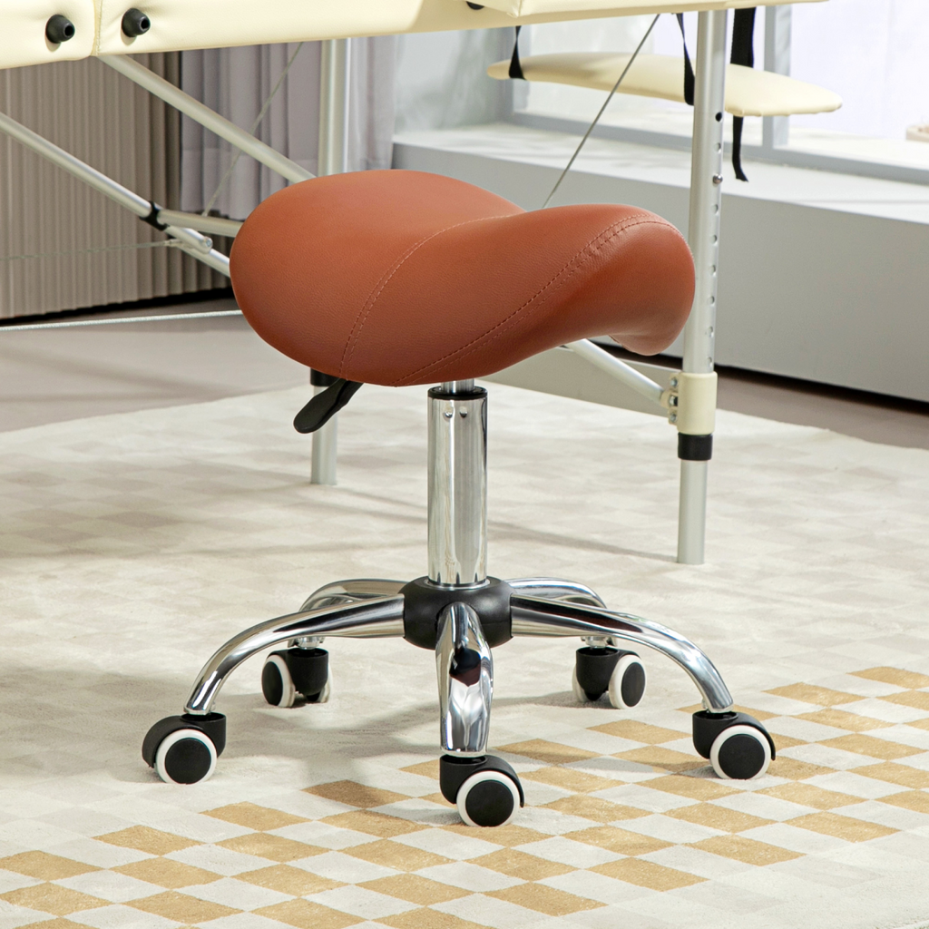 “Brown PU leather saddle stool with adjustable height and swivel base”