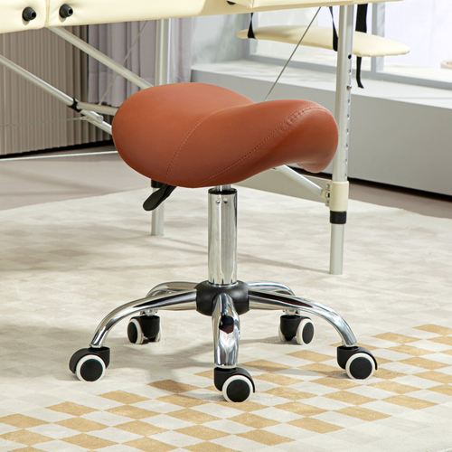 “Brown PU leather saddle stool with adjustable height and swivel base”