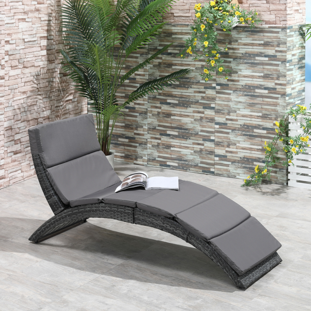 Garden Patio Rattan Wicker Folding Sun Lounger Cushion  Grey