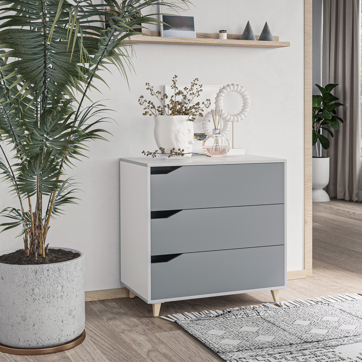 Chest of Drawers 3-Drawer Dresser Storage Cabinet with Solid Wood Legs Grey