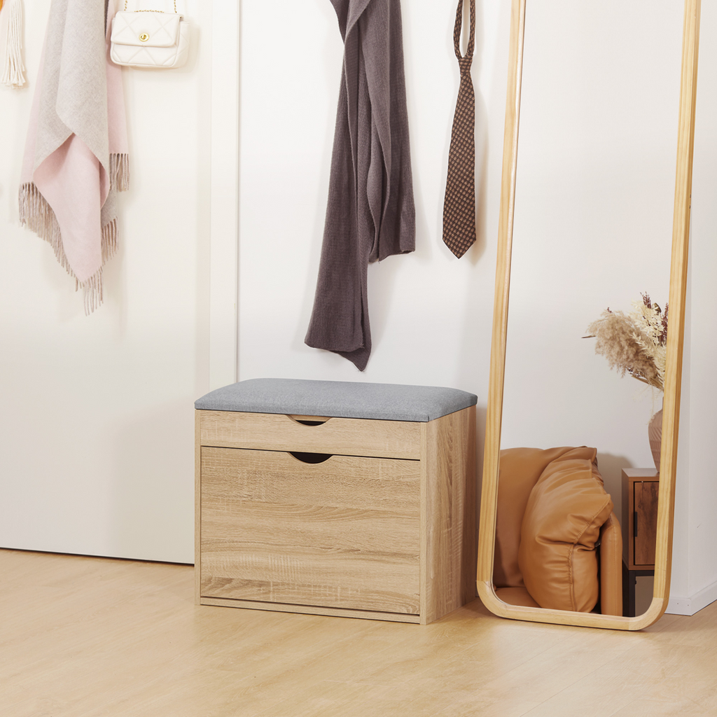 “Natural wood entryway shoe bench with cushioned seat and storage cabinet”
