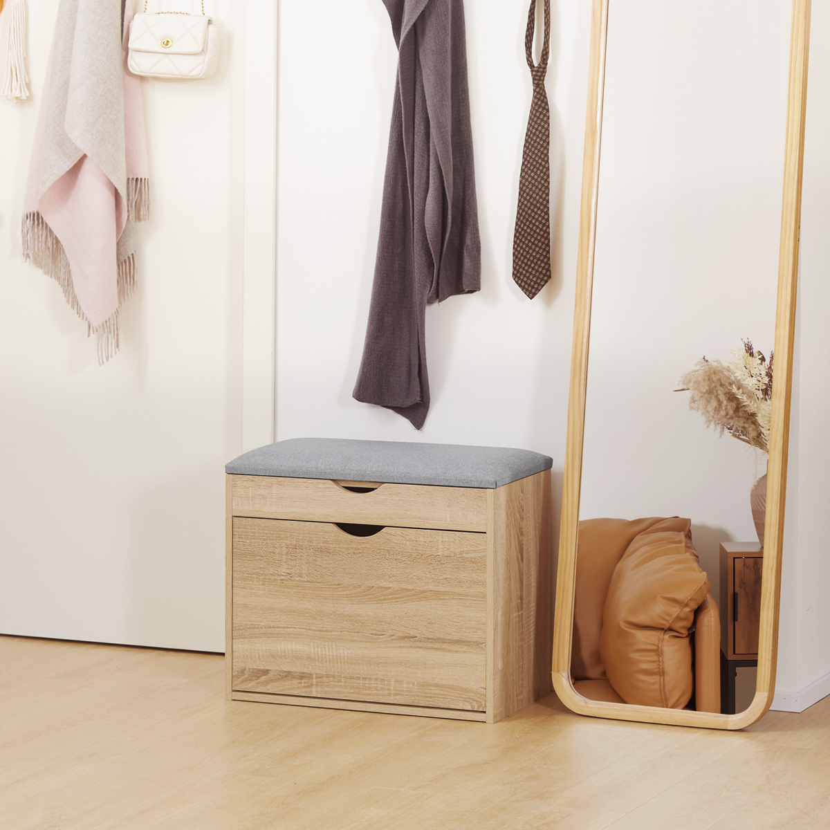 “Natural wood entryway shoe bench with cushioned seat and storage cabinet”