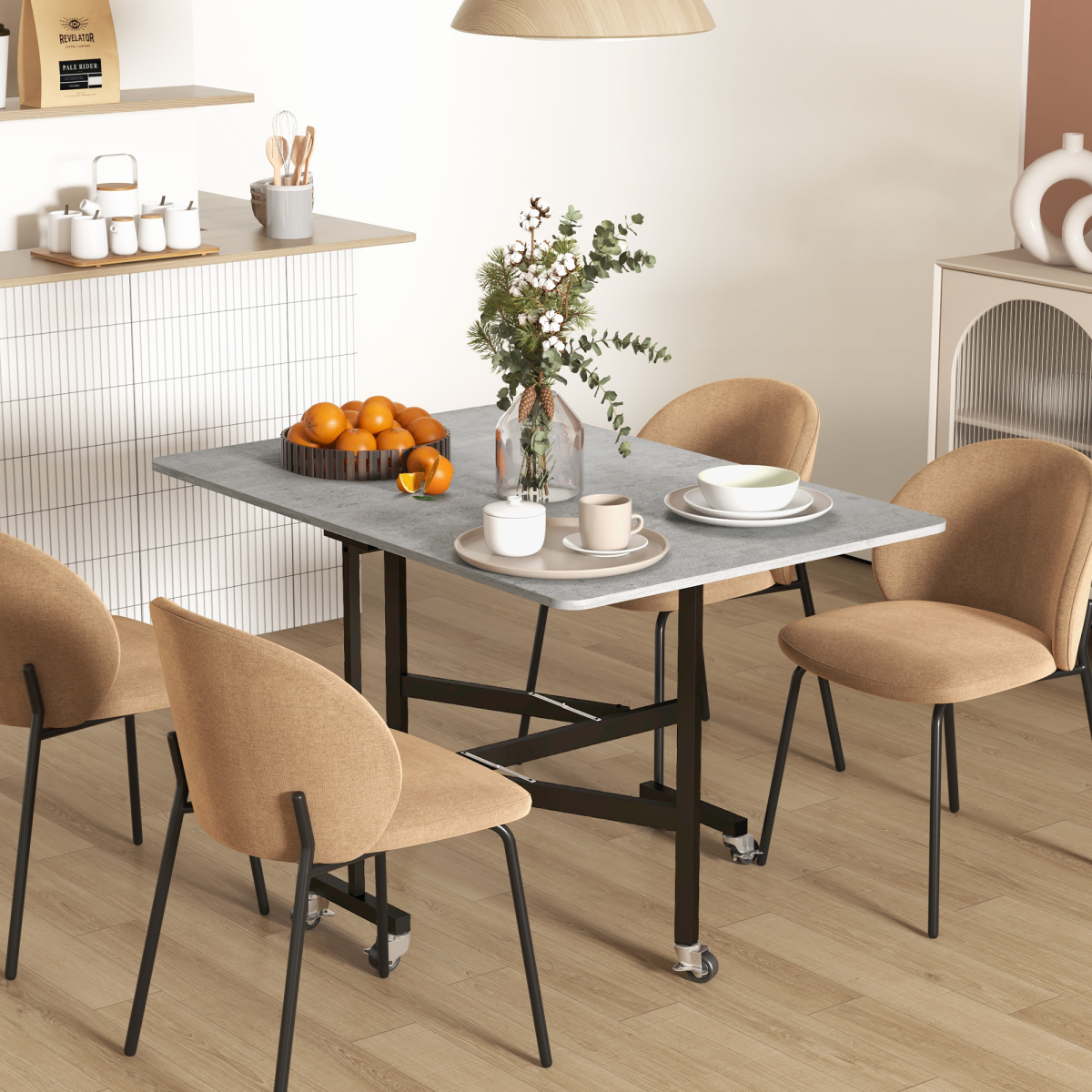 “Grey drop‑leaf folding dining table on wheels with storage shelves”