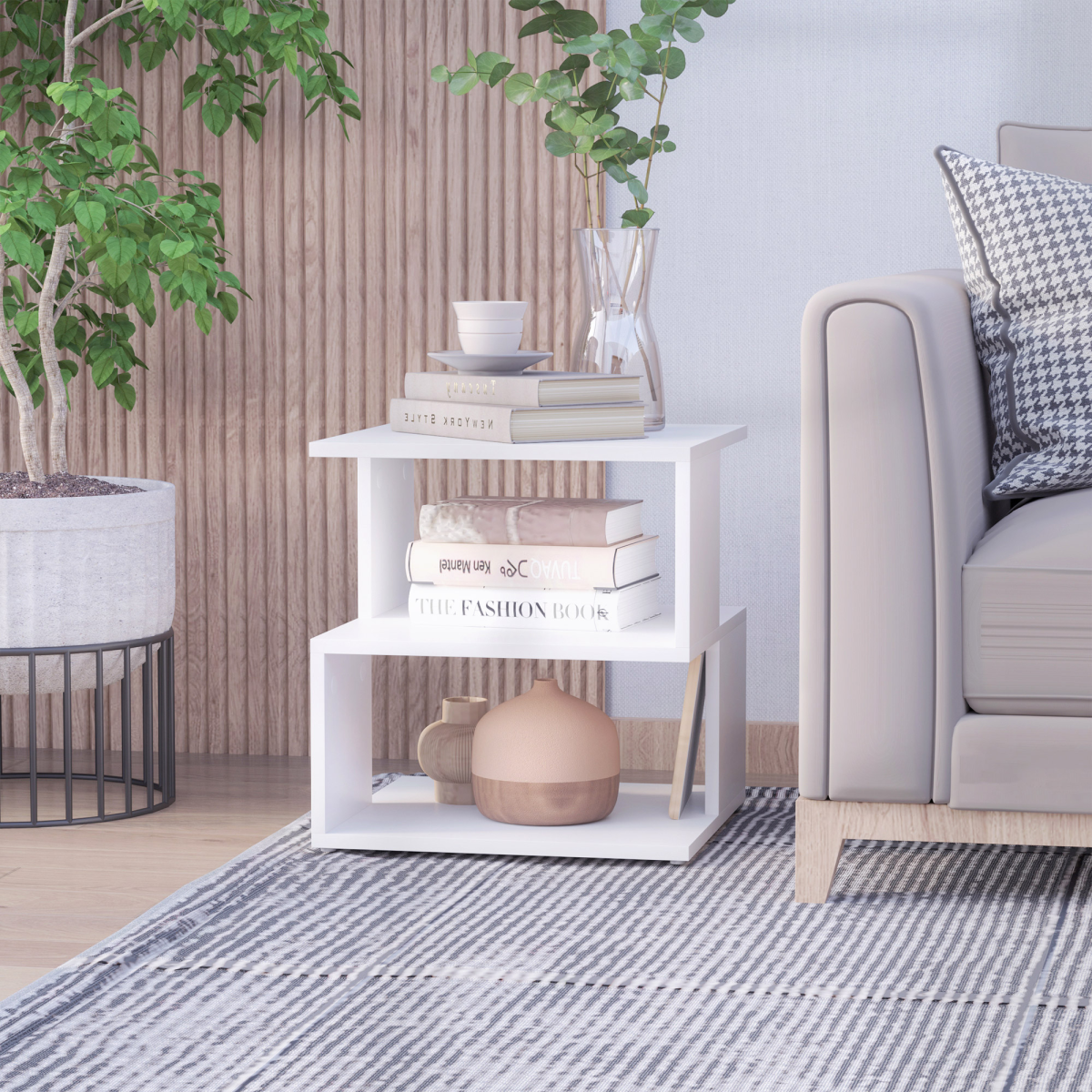 {
  "title": "Modern Square 2-Tier Wood Coffee Side Table Storage Shelf Rack, White",
  "description": "Two-tier square side table made from wood with a white finish. Provides storage and display space with two open tiers."
}
