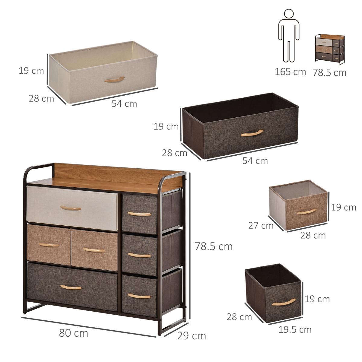 Seven‑drawer fabric dresser with metal frame.