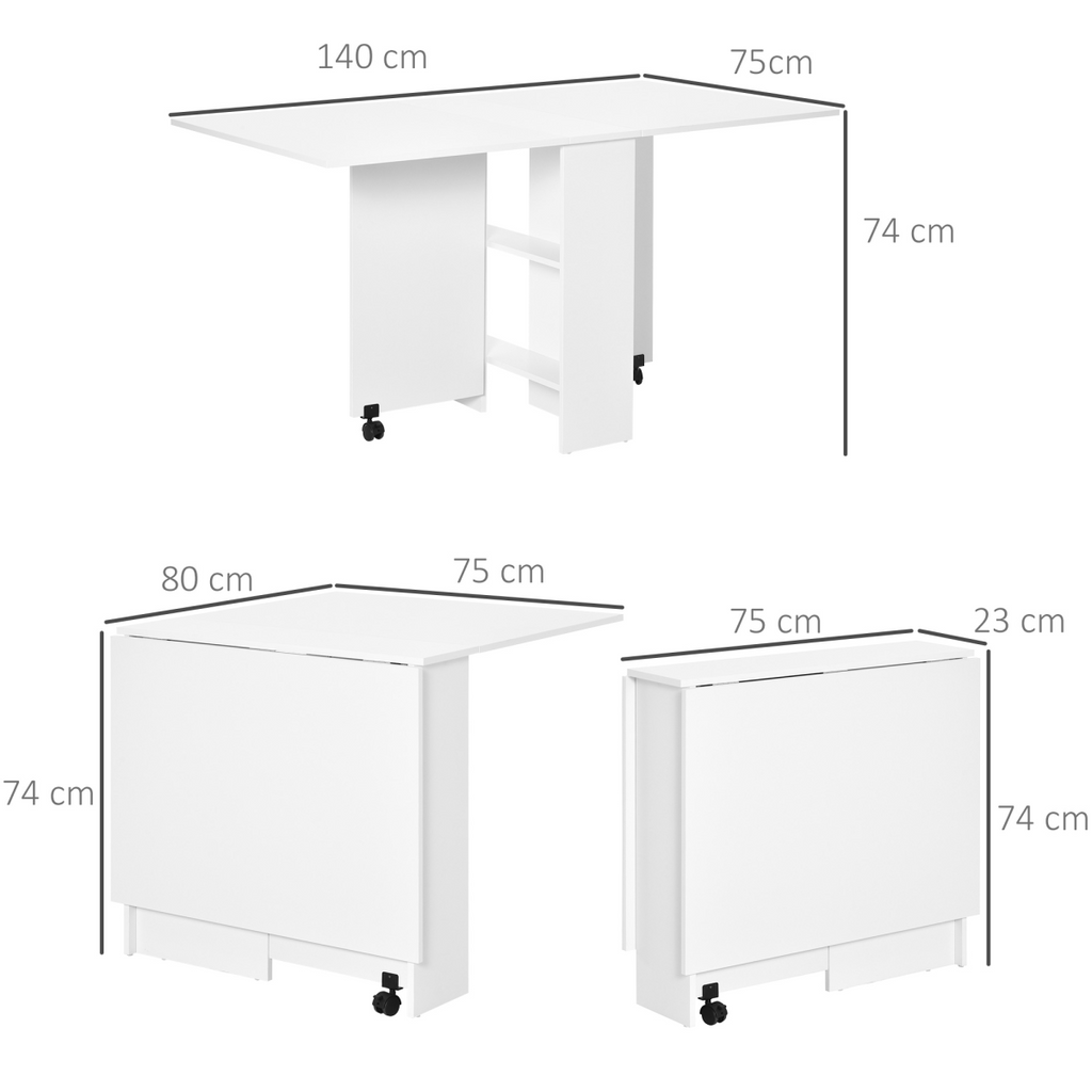 Mobile drop‑leaf kitchen table with shelves and wheels.