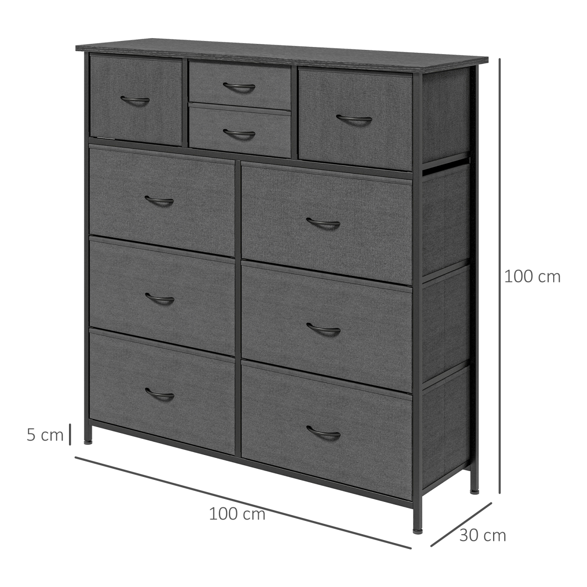 Black fabric chest of drawers with metal frame.
