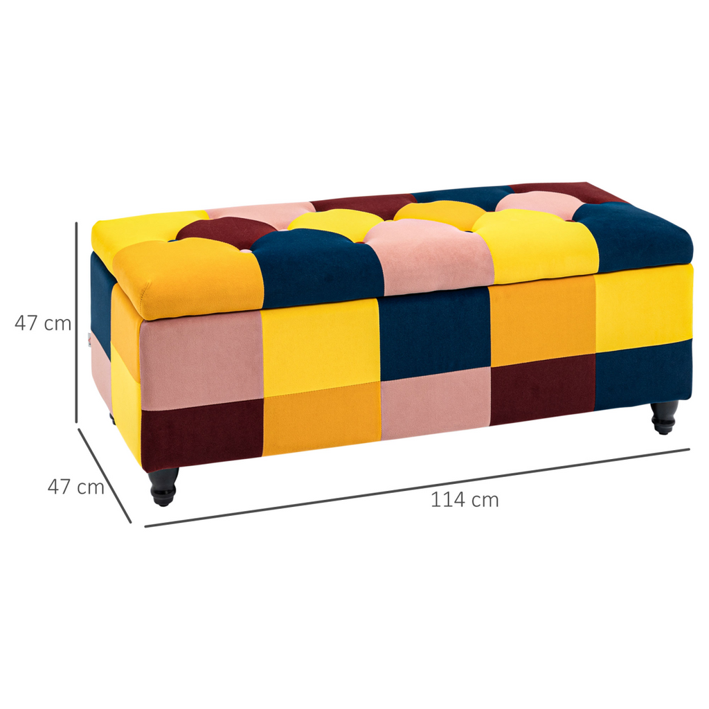 Colour‑block velvet storage ottoman with button‑tufted lid.