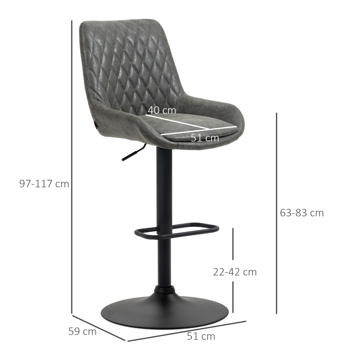 Set of two adjustable grey swivel bar stools with chrome base.