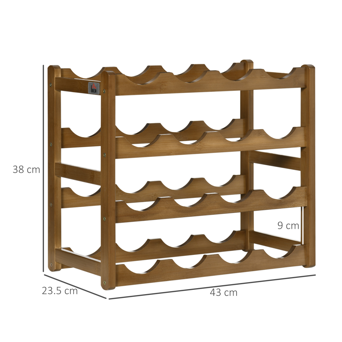 Bamboo 16‑bottle wine rack with four tiers.
