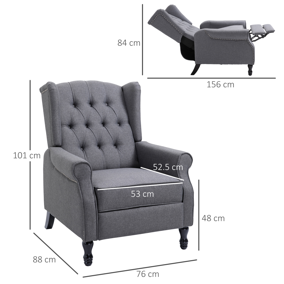 Light grey fabric recliner armchair with footrest.