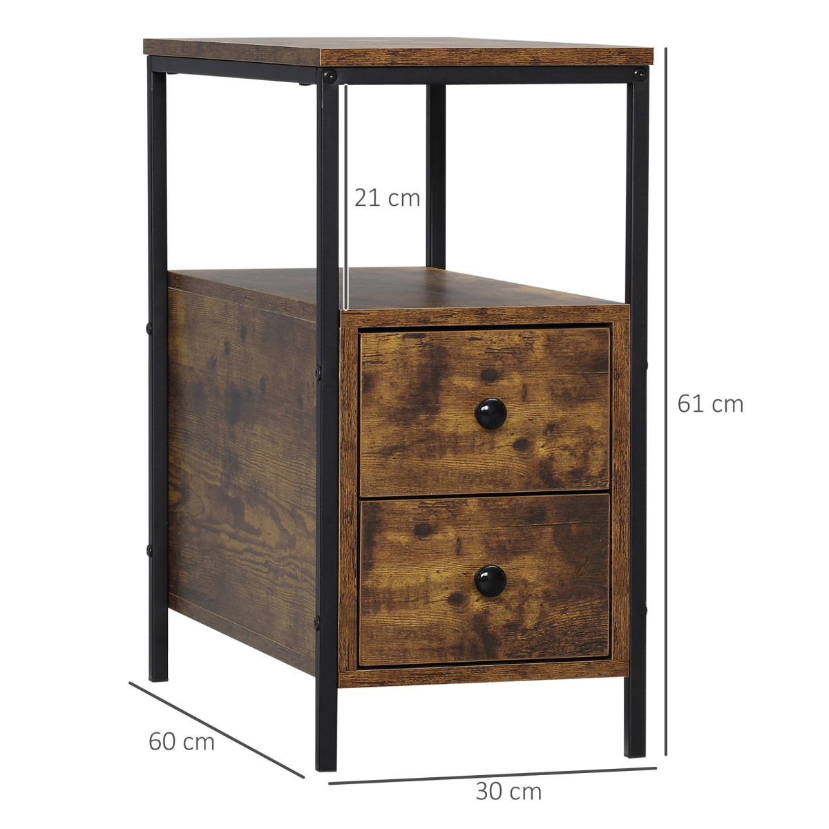 Slim brown side table with two drawers and lower shelf.